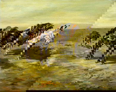 Henry Allingham (Europe,20C) oil painting: ARTIST: Henry Allingham (European, 20 century) TITLE: Donkeys MEDIUM: oil on canvas CONDITION: Unstretched (In-House stretching available). Minor paint losses. Some craquelure. No visible inpaint