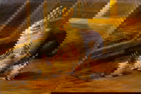 R Benson (20C) oil painting: ARTIST: R Benson (20 century) TITLE: Rabbits MEDIUM: oil on canvas CONDITION: Unstretched (In-House stretching available). Few very minor paint losses. Some craquelure. No v