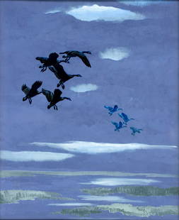 Wayne H Trimm (NY,1922-?) gouache painting: ARTIST: Wayne H Trimm (New York, 1922 - ???) TITLE: Flying Geese MEDIUM: gouache on paper CONDITION: Very good. Framed under glass. Normal wear to frame. ART SIZE: 18 x 15 inches / 45 x 38 cm FRAME