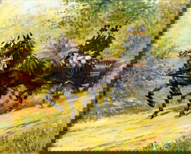 Antique early 20C British oil painting: ARTIST: - (United Kingdom, early 20 century) TITLE: Horse Carriage MEDIUM: oil on canvas CONDITION: Some paint losses mostly in the lower left quadrant. Some craquelure. S