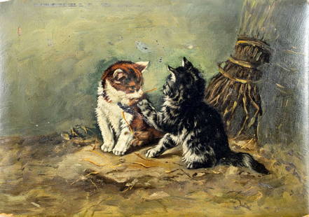 Antique early 20C European oil painting: ARTIST: - (Europe, early 20 century) TITLE: Two Kittens MEDIUM: oil on board CONDITION: Some damages to corners. Some paint losses. Some scattered small inpaintings. ART SIZE: 5 x 9 inches / 12 x