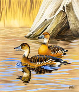 Chuck Ripper (WV,PA,1929-2019) gouache painting: ARTIST: Chuck Ripper (West Virginia, Pennsylvania, 1929 - 2019) TITLE: Fulvous Tree Duck YEAR: 2002 MEDIUM: gouache on board CONDITION: Few very minor paint losses. ART SIZE: 15 x 13 inches / 38 x