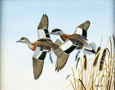 Carl Knuth (VA,WI,1937-2020) oil painting: ARTIST: Carl Spike Knuth (Virginia, Wisconsin, 1937 - 2020) TITLE: Flying Widgeons Ducks MEDIUM: oil on board CONDITION: Overall good. No visible inpaint under UV light. Wear to frame. ART SIZE: 11