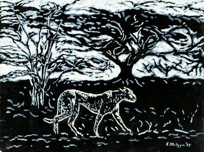 Evelyn Metzger (NY,Brazil,1911-2007) oil painting: ARTIST: Evelyn Borchard Metzger (New York, Brazilian, 1911 - 2007) TITLE: Gepard YEAR: 1995 MEDIUM: oil on board CONDITION: Some scratches/paint losses. No visible inpaint under UV light. Normal