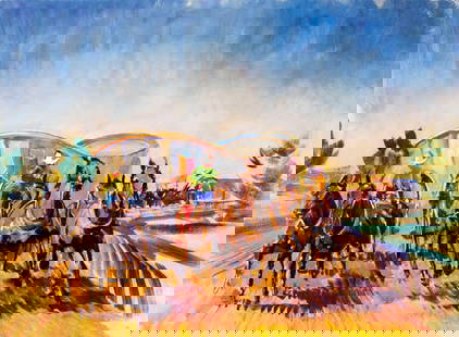 Peter Williams (NY,New Zealand,1934-2018) oil painting: ARTIST: Peter Williams (New York, New Zealand, 1934 - 2018) TITLE: Calvary Stampede MEDIUM: oil on canvas CONDITION: Very good. No visible inpaint under UV light. ART SIZE: 18 x 24 inches / 45 x 60