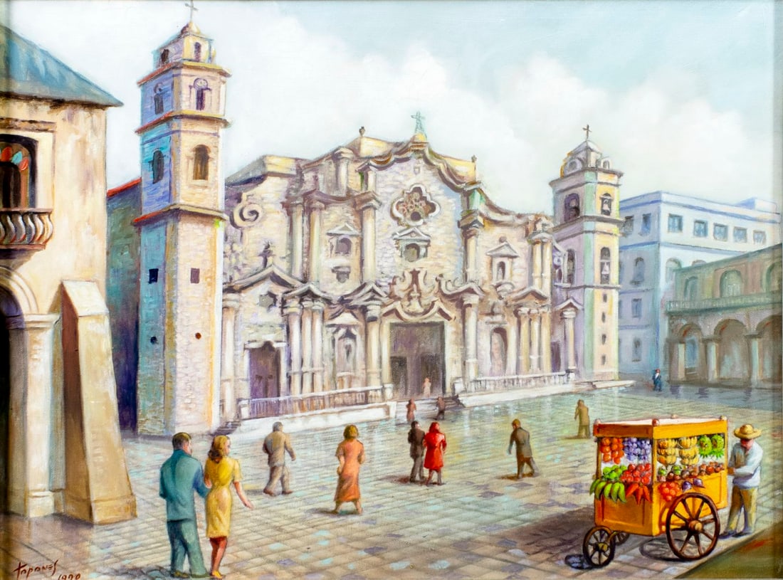 Tapones (Cuba,20C) oil painting: ARTIST: Tapones (Cuban, 20 century) TITLE: Havana Cityscape, Cuba YEAR: 1990 MEDIUM: oil on canvas CONDITION: Some craquelure. No visible inpaint under U