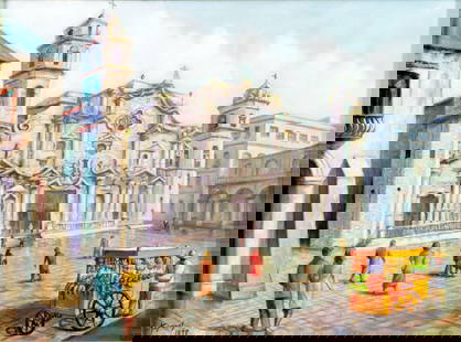 Tapones (Cuba,20C) oil painting: ARTIST: Tapones (Cuban, 20 century) TITLE: Havana Cityscape, Cuba YEAR: 1990 MEDIUM: oil on canvas CONDITION: Some craquelure. No visible inpaint under UV light. Wear to frame. ART SIZE: 18 x 24