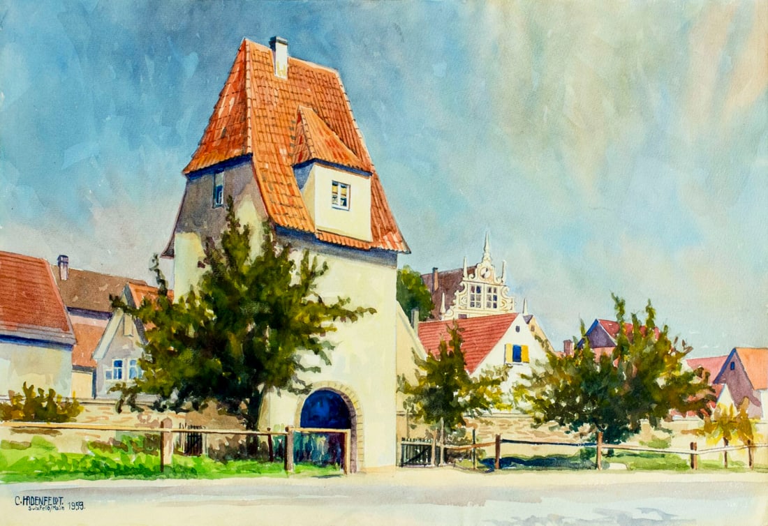 Christian Hadenfeldt (German,1883-1971) watercolor painting: ARTIST: Christian Hadenfeldt (Germany, 1883 - 1971) NAME: German Cityscape YEAR: 1959 MEDIUM: watercolor on paper CONDITION: Good. Minor age toning. SIGHT SIZE: 13 1/2