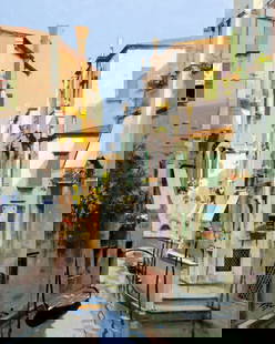 Raimondo Roberti (Italy,1947-?) oil painting: ARTIST: Raimondo Roberti (Italian, 1947 - ???) TITLE: Venice Canal Cityscape MEDIUM: oil on canvas CONDITION: Unstretched (In-House stretching available). Overall good. No
