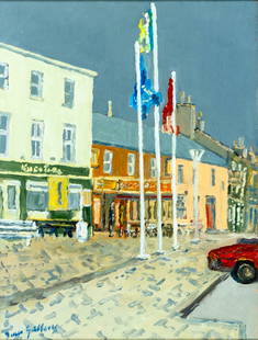 Dennis Gallery (Irish,1943-?) oil painting: ARTIST: Dennis Gallery (Ireland, 1943 - ???) TITLE: Irish Town Scene MEDIUM: oil on canvas. Canvas applied to board. CONDITION: Very good. No visible inpaint under UV li