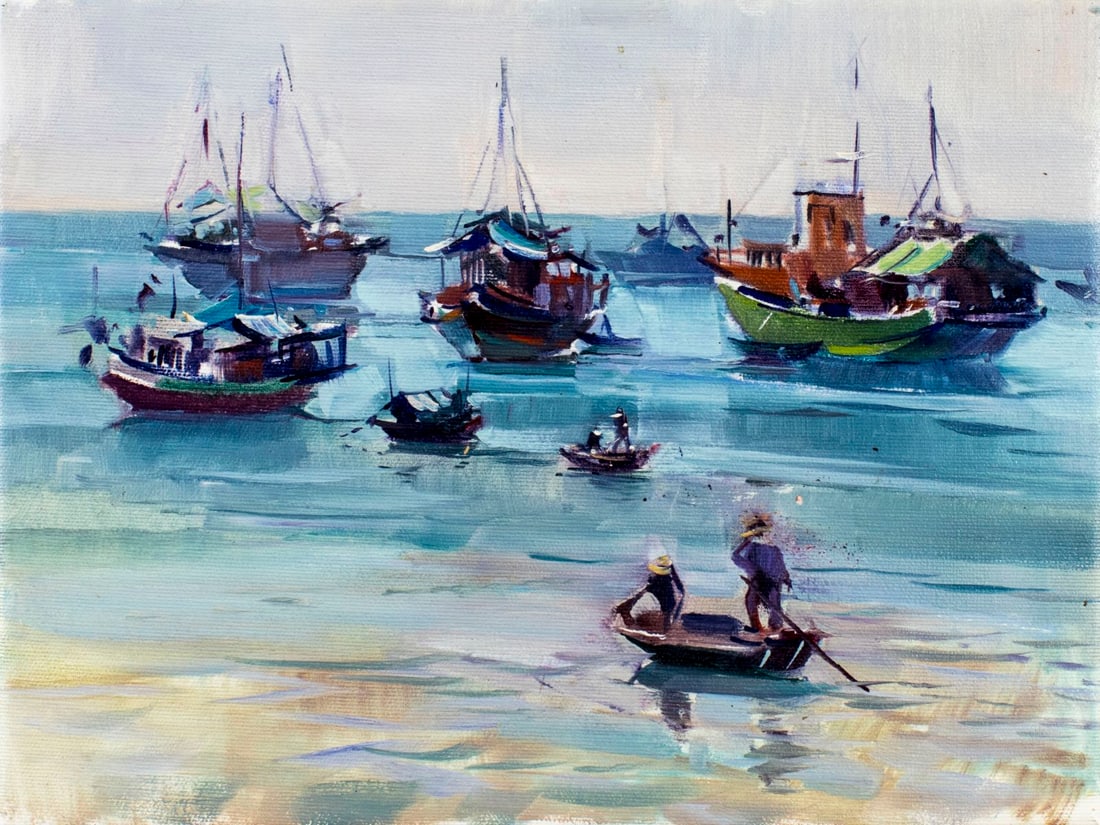 Peter Williams (NY,New Zealand,1934-2018) oil painting: ARTIST: Peter Williams (New York, New Zealand, 1934 - 2018) TITLE: Harbor Scene MEDIUM: oil on canvas CONDITION: Very good. No visible inpaint under UV light. ART