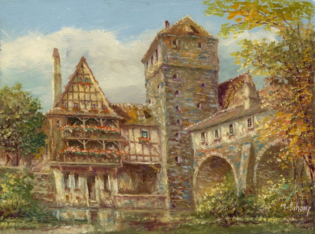 M Schony (German,1913-?) oil painting: ARTIST: M Schony (Germany, 1913 - ???) TITLE: Cityscape - Nurnberg, Henkersteg, Germany MEDIUM: oil on canvas CONDITION: Unstretched (In-House stretching available). Few m