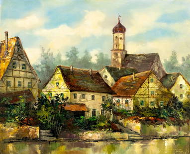 Karl Gatermann Jr (German,1909-1992) oil painting: ARTIST: Karl Gatermann the Younger (Germany, 1909 - 1992) TITLE: Cityscape - Old Swabian Nest, Germany (titled on verso) YEAR: 1978 MEDIUM: oil on canvas CONDIT