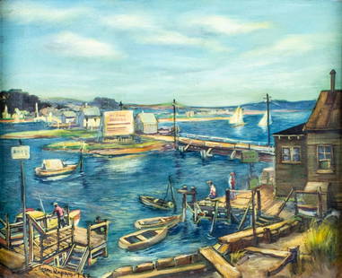 Adam Rapoport (US,mid 20C) oil painting: ARTIST: Adam Rapoport (American, mid 20 century) TITLE: Harbor Scene YEAR: 1953 MEDIUM: oil on canvas CONDITION: Very minor craquelure. No visible inpain