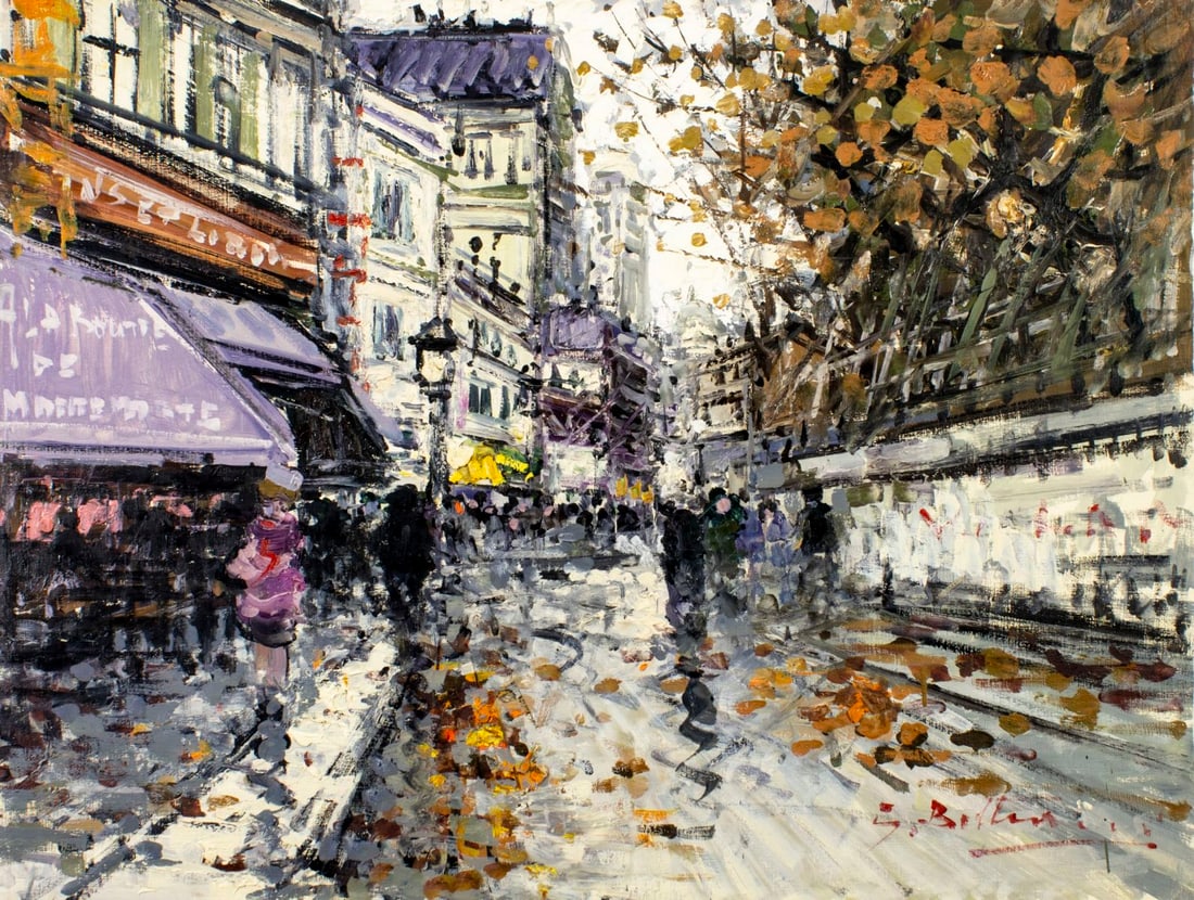 G Beltrame (France,20C) oil painting: ARTIST: G Beltrame (French, 20 century) TITLE: Paris Cityscape MEDIUM: oil on canvas CONDITION: Unstretched (In-House stretching available). One nail hole by the lower right