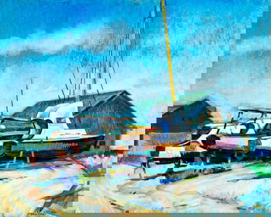 David George Van Vliet (US,20C) oil painting: ARTIST: David George Van Vliet (American, 20 century) TITLE: Harbor Scene MEDIUM: oil on board CONDITION: Some scratches/paint losses mostly along edges. No visible inpaint