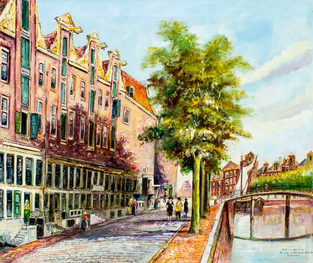 Piet Van Beek (Dutch,1912-1992) oil painting: ARTIST: Piet Van Beek (Netherlands, 1912 - 1992) TITLE: Cityscape - Oude Amsterdam Gracht, Netherlands MEDIUM: oil on canvas CONDITION: Minor craquelure. No visible inpai