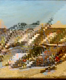 X Esperanza (Europe,19C) oil painting antique: ARTIST: X Esperanza (Europe,19C) TITLE: Cityscape MEDIUM: oil on canvas CONDITION: Few minor scratches/paint losses. Some craquelure. Some scattered inpaintings. Some damage