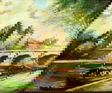 Vintage mid 20C French oil painting signed: ARTIST: - (France, mid 20 century) TITLE: Paris Cityscape MEDIUM: oil on canvas CONDITION: Few patches. Missing a few flakes of paint. Some faint scratches mostly by the l