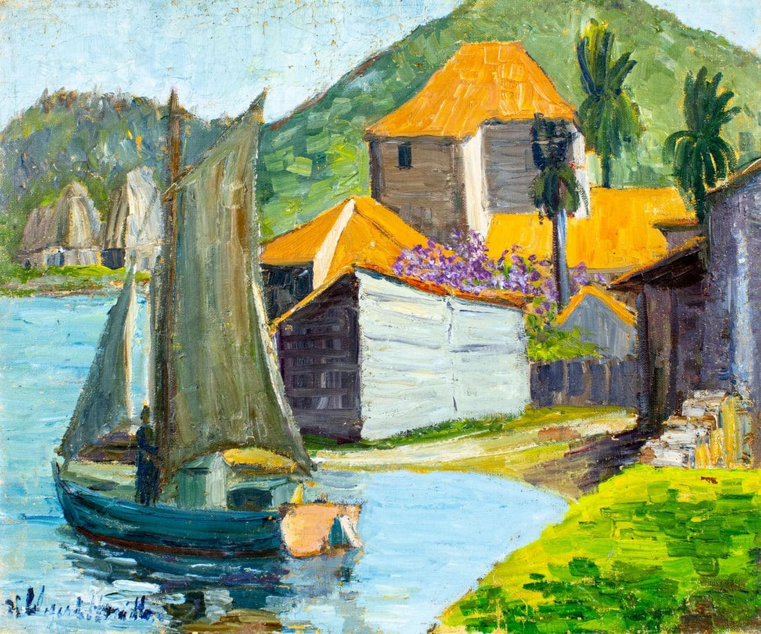Hildegarde Hamilton (FL,VA,1898-1970) oil painting: ARTIST: Hildegarde Hume Hamilton (Florida, Virginia, 1898 - 1970) TITLE: Coastal Cityscape with Sailboat MEDIUM: oil on canvas CONDITION: Some flaking/paint losses. Some c