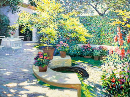 Wing Lee (China,US,20C) oil painting: ARTIST: Wing Lee (Chinese, American, 20 century) TITLE: Backyard Scene MEDIUM: oil on canvas CONDITION: Unstretched (In-House stretching available). Overall good. No visible