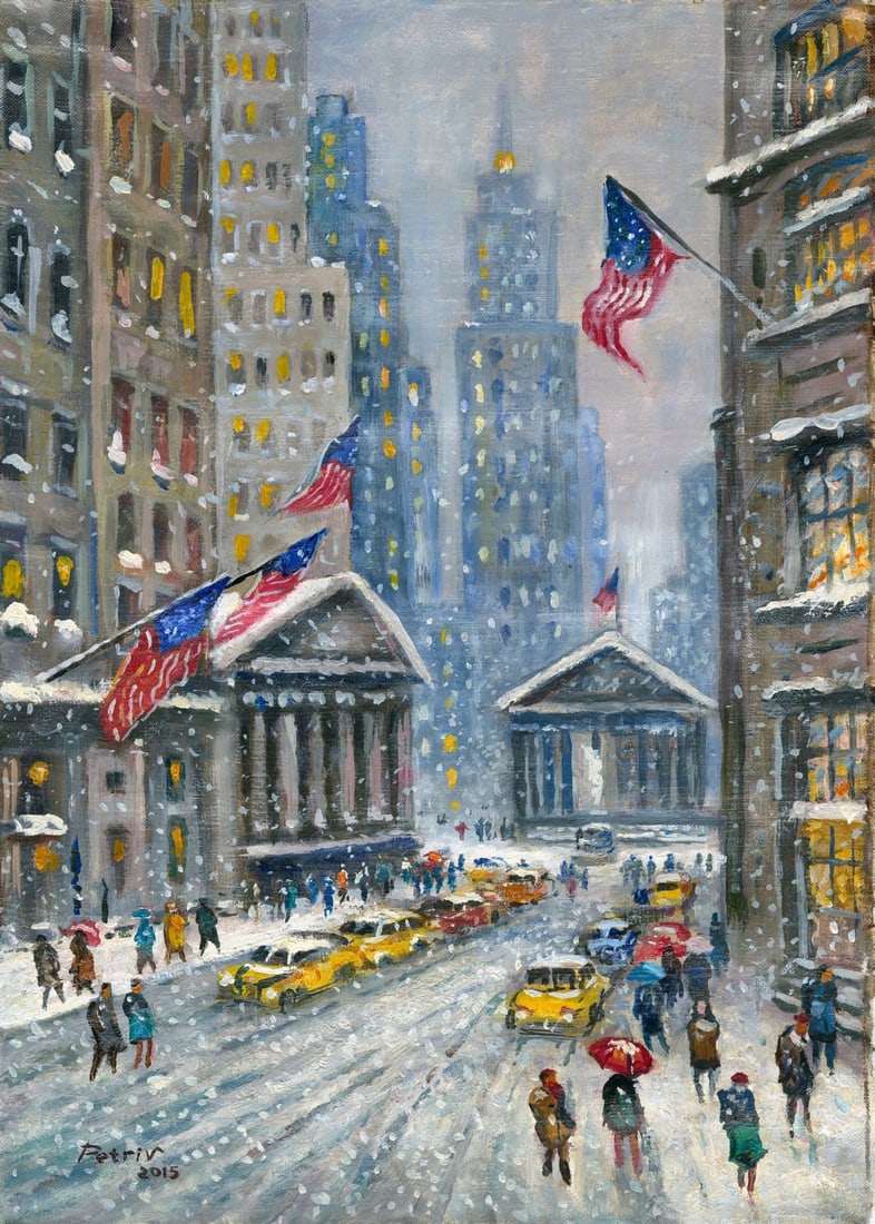 Zoriana Petriv (Ukraine,b 1994) oil painting: ARTIST: Zoriana Petriv (Ukrainian, born 1994) TITLE: Cityscape - Broad St and the Sub, New York (titled on verso) YEAR: 2015 MEDIUM: oil on canvas CONDITION: