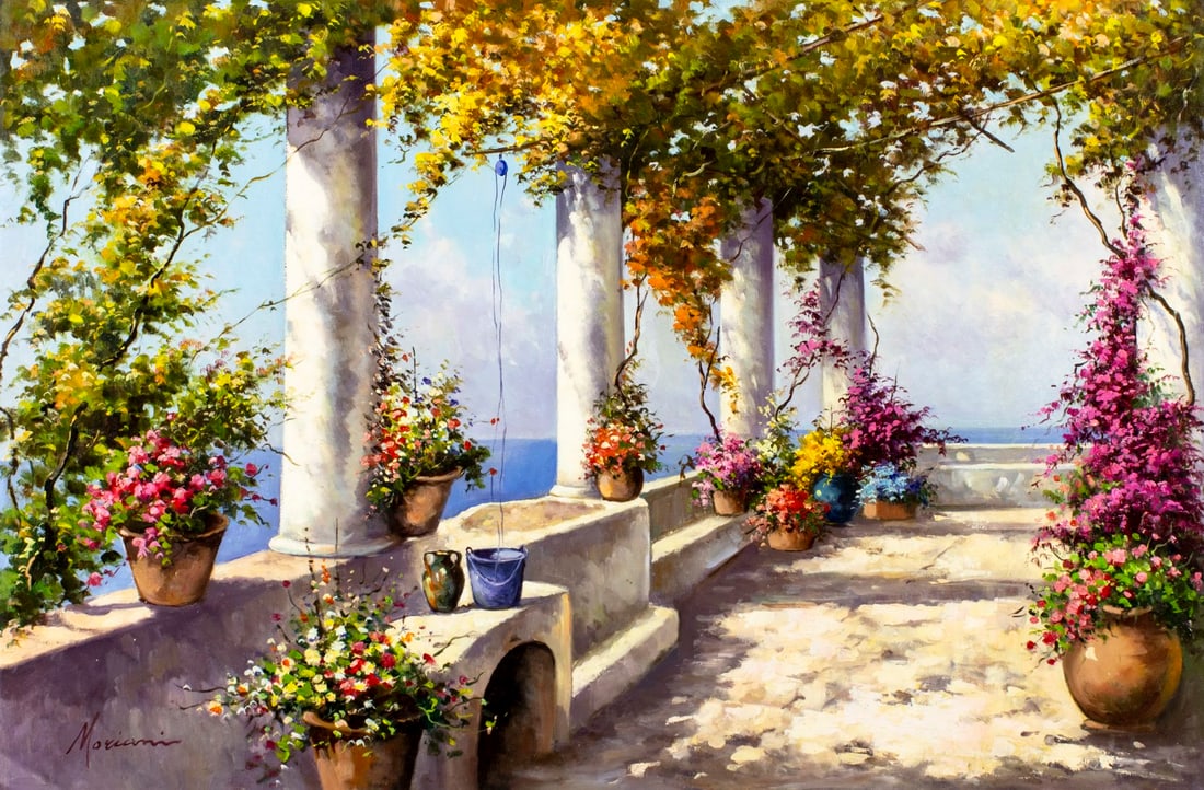 Mariani (Italy,20C) oil painting: ARTIST: Mariani (Italian, 20 century) TITLE: Flower Terrace Landscape MEDIUM: oil on canvas CONDITION: Unstretched (In-House stretching available). Few small crease lines by