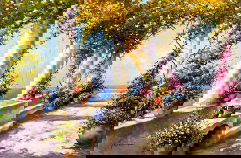 Mariani (Italy,20C) oil painting: ARTIST: Mariani (Italian, 20 century) TITLE: Flower Terrace Landscape MEDIUM: oil on canvas CONDITION: Unstretched (In-House stretching available). Few small crease lines by
