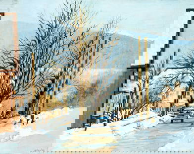 B Sant (US,20C) gouache painting: ARTIST: B Sant (American, 20 century) TITLE: Winter Town Scene YEAR: 1987 MEDIUM: gouache on paper CONDITION: One minor scratch/paint loss by the left ed