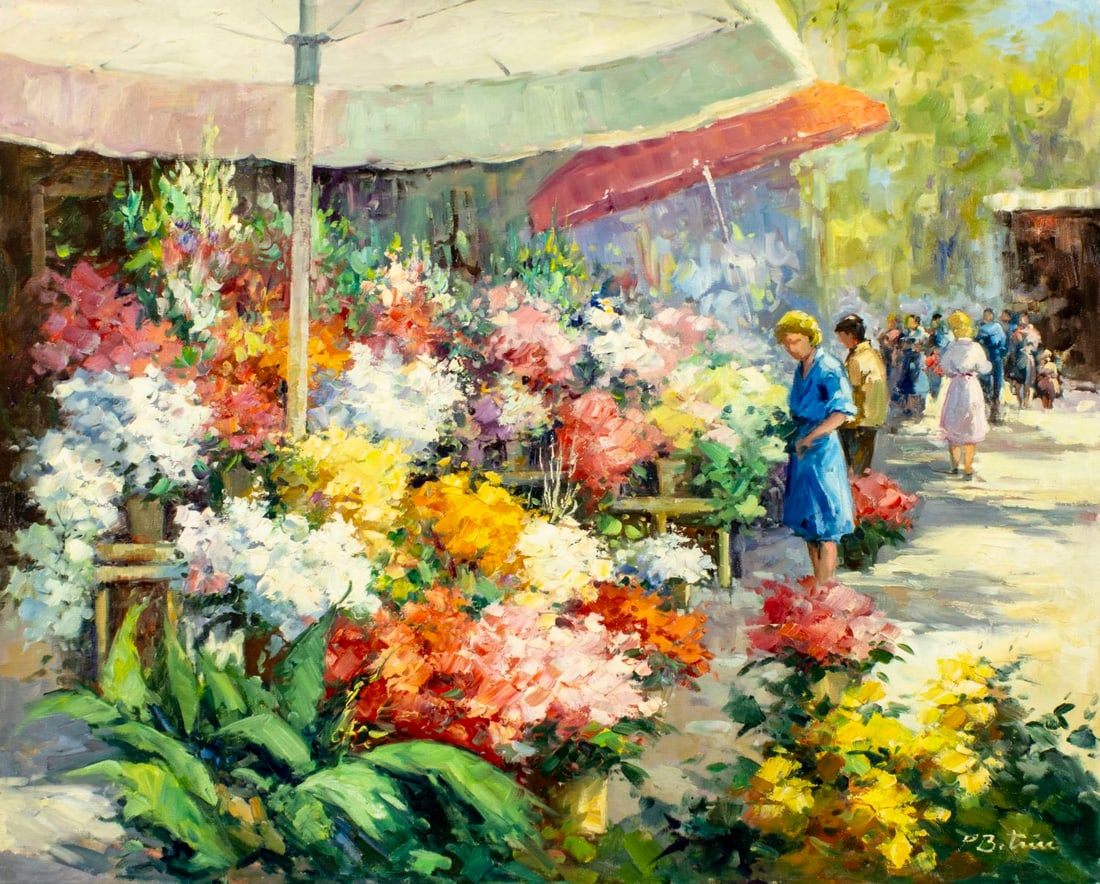 P Betrin (Europe,20C) oil painting: ARTIST: P Betrin (European, 20 century) TITLE: Flower Market Scene MEDIUM: oil on canvas CONDITION: Unstretched (In-House stretching available). Few minor paint losses. Some