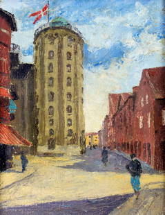 Vintage mid 20C Danish oil painting: ARTIST: - (Denmark, mid 20 century) TITLE: Danish Cityscape MEDIUM: oil on canvas CONDITION: Some craquelure. No visible inpaint under UV light. Wear to frame.