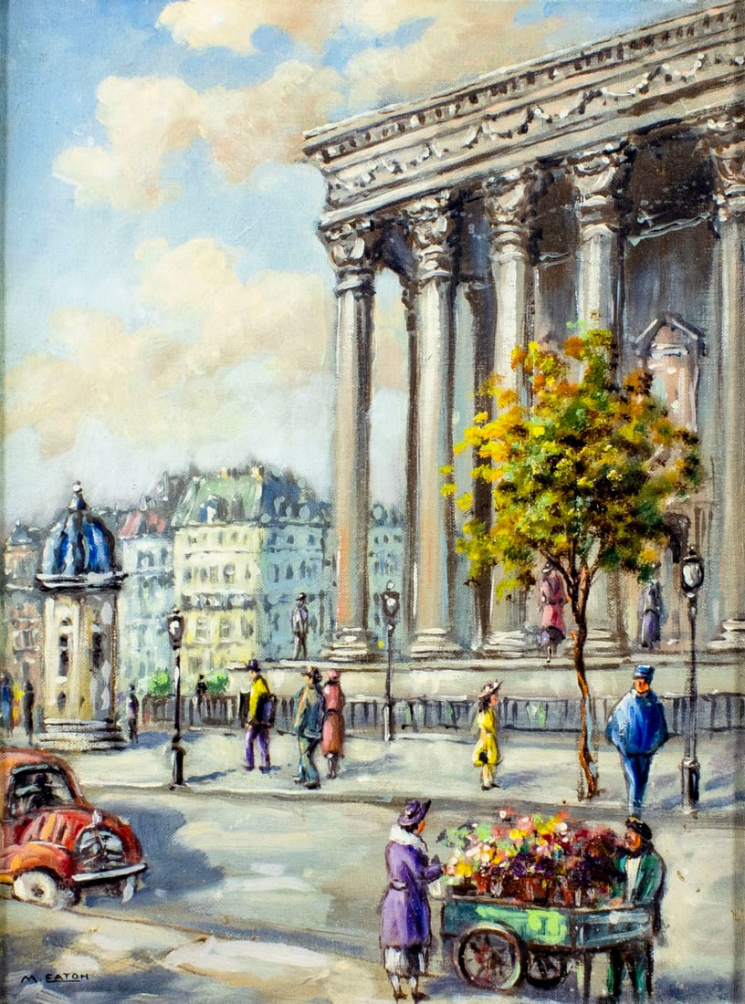 M Eaton (US,mid 20C) oil painting: ARTIST: M Eaton (American, mid 20 century) TITLE: Cityscape - The Madeleine, Paris, France (titled on label) MEDIUM: oil on canvas board CONDITION: Few minor paint losses. N