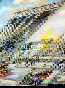 M Eaton (US,mid 20C) oil painting: ARTIST: M Eaton (American, mid 20 century) TITLE: Cityscape - The Madeleine, Paris, France (titled on label) MEDIUM: oil on canvas board CONDITION: Few minor paint losses. N