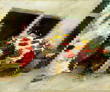 Novano (Italy,early 20C) oil painting antique: ARTIST: Novano (Italian, early 20 century) TITLE: Fruit Seller MEDIUM: oil on canvas CONDITION: Some patches. Minor craquelure. Some scattered inpaintings. Normal wear along