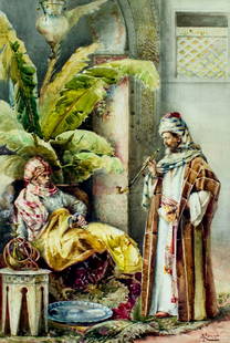 Giovanni Antonio Raggi (Italy,19C) watercolor painting antique: ARTIST: Giovanni Antonio Raggi (Italian, 19 century) NAME: Two Arab Men MEDIUM: watercolor on paper CONDITION: Very good. Minor age toning. Framed under glass. Some damages to frame. SIGH