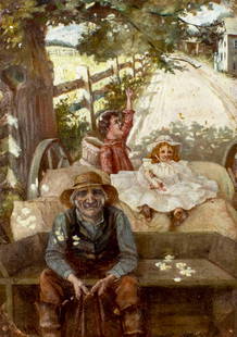 Antique 19C American oil painting signed: ARTIST: - (American, 19 century) TITLE: Family in Horse Drawn Wagon YEAR: circa 1900 MEDIUM: oil on board CONDITION: Some small damages to edges. Small