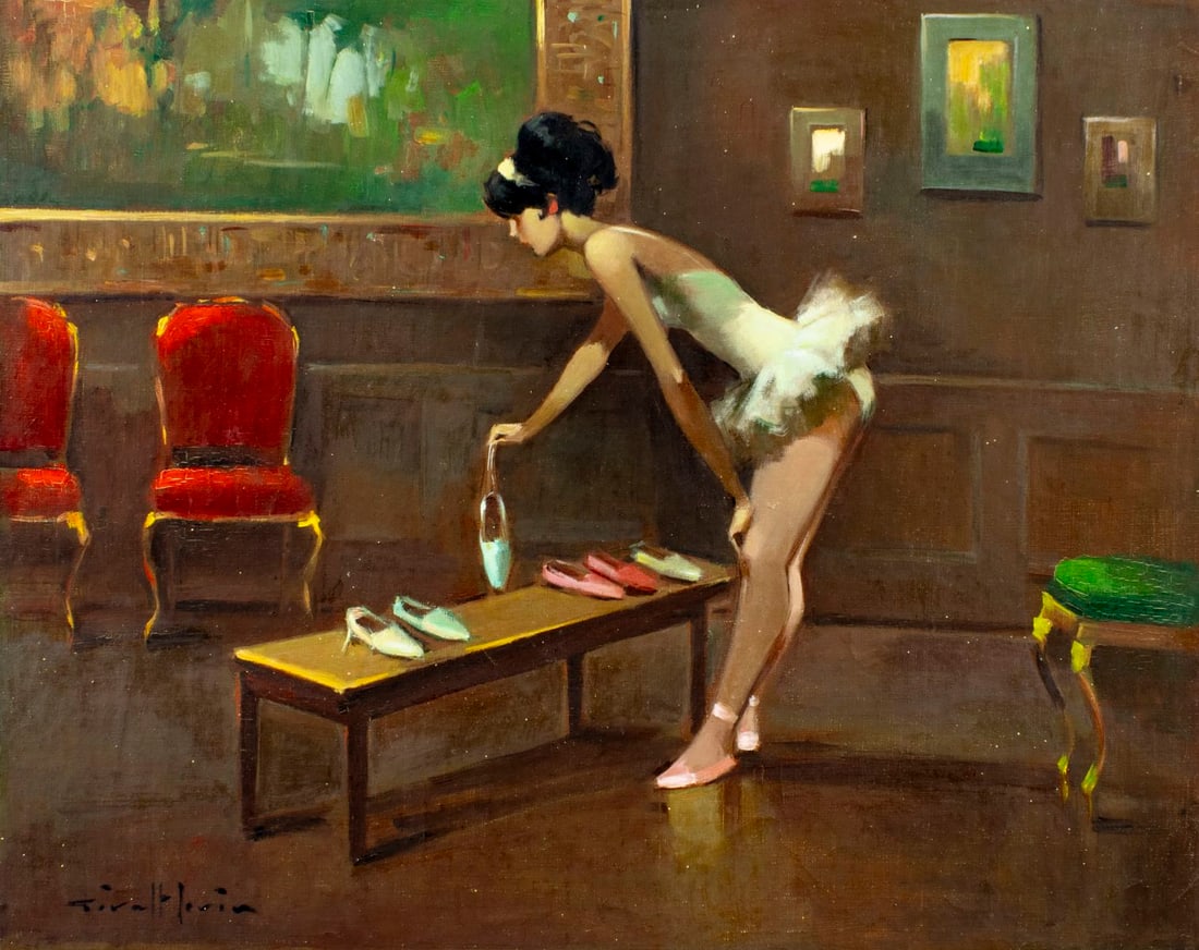 Joan Giralt Lerin (Spain,1907-?) oil painting: ARTIST: Joan Giralt Lerin (Spanish, 1907 - ???) TITLE: Ballerina MEDIUM: oil on canvas CONDITION: Unstretched (In-House stretching available). Minor paint losses. Some cra