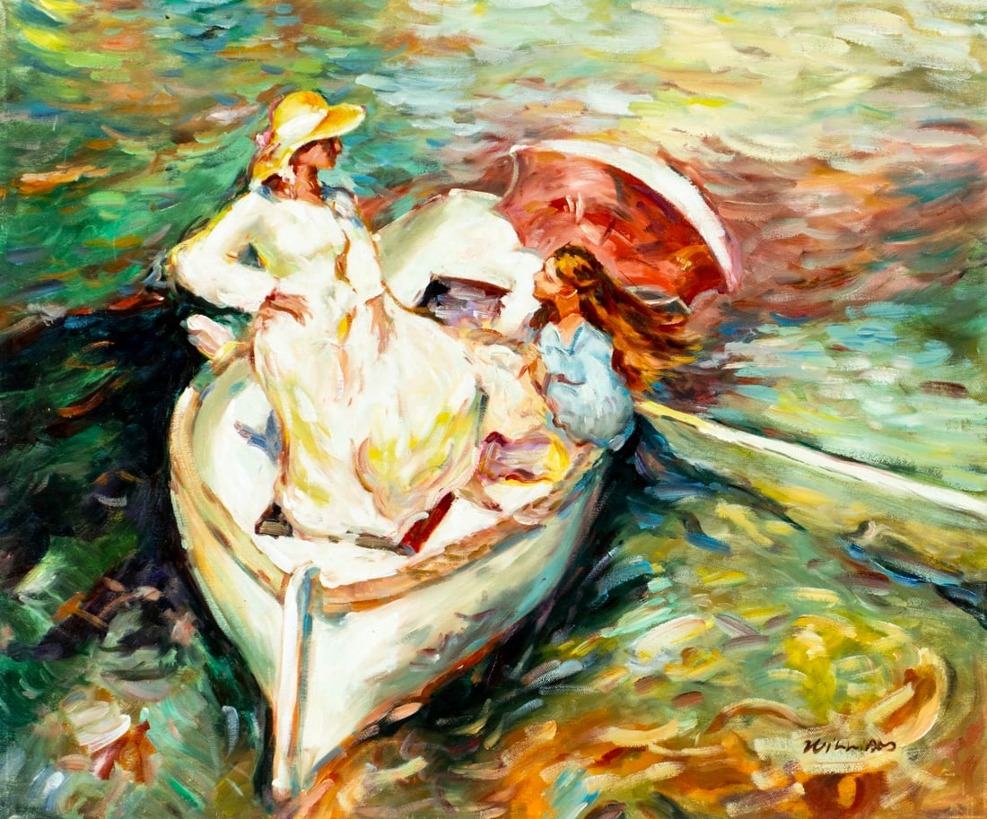 William (Europe,20C) oil painting: ARTIST: William (European, 20 century) TITLE: Boat Ride MEDIUM: oil on canvas CONDITION: Very good. No visible inpaint under UV light. Normal wear along edges. AR