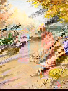 Luis Ramon (France,20C) oil painting: ARTIST: Luis Ramon (French, 20 century) TITLE: Parisian Park Scene, France MEDIUM: oil on canvas CONDITION: Minor craquelure. No visible inpaint under UV light. Normal wear