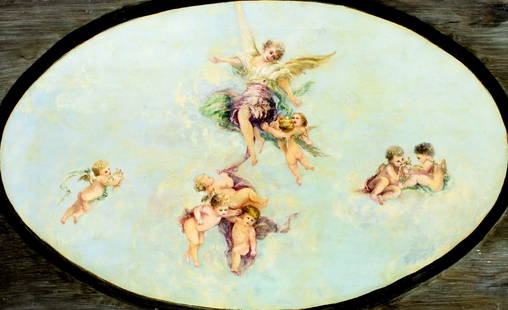 Antique 19C British oil painting: ARTIST: - (United Kingdom, 19 century) TITLE: Cherubs MEDIUM: oil on canvas CONDITION: Few repaired punctures. Some damages to the corners of canvas. Few small scratches/p