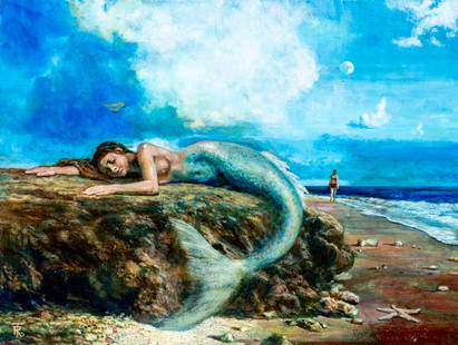 Russell Tripp (CA,1924-2025) acrylic painting: ARTIST: Russell R Tripp (California, 1924 - 2025) TITLE: On Tranquil Seas YEAR: 2018 MEDIUM: acrylic on board CONDITION: Overall good. No visible inpaint under UV light. Normal wear along edges.