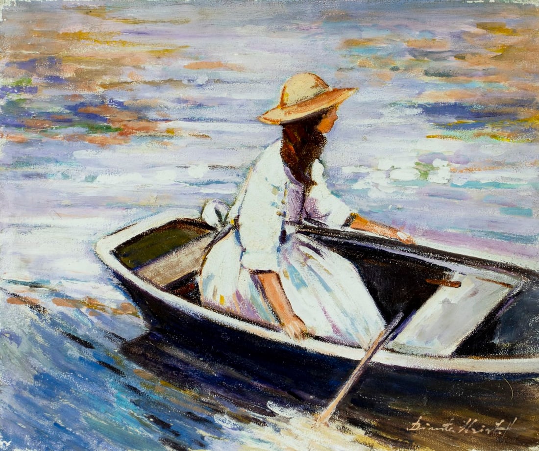 Dimiter Hristoff (Turkey,Bulgaria,1926-?) oil painting: ARTIST: Dimiter Hristoff (Turkish, Bulgarian, 1926 - ???) TITLE: Woman in the Boat MEDIUM: oil on canvas CONDITION: Overall good. No visible inpaint under UV light. Normal