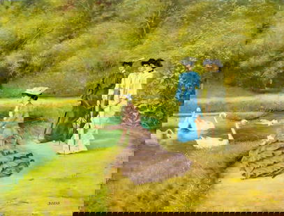 Boras (Europe,mid 20C) oil painting: ARTIST: Boras (European, mid 20 century) TITLE: Ladies by Swan Pond MEDIUM: oil on board CONDITION: Some craquelure. No visible inpaint under UV light. Normal wear along edg
