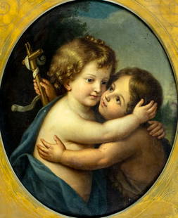 Antique 19C European oil painting: ARTIST: - (Europe, 19 century) TITLE: Embrace of Infant Jesus and John Baptist MEDIUM: oil on canvas CONDITION: Few minor paint losses. Some craquelure. Some scattered min