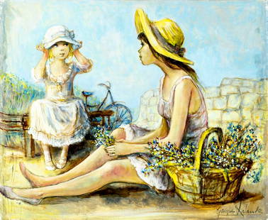 Jacques Lalande (French,1921-2003) oil painting: ARTIST: Jacques Lalande (France, 1921 - 2003) TITLE: Mother and Daughter MEDIUM: oil on canvas CONDITION: Unstretched (In-House stretching available). Minor craquelure. No