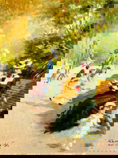 Luis Ramon (France,20C) oil painting: ARTIST: Luis Ramon (French, 20 century) TITLE: Park Scene MEDIUM: oil on canvas CONDITION: Minor craquelure. No visible inpaint under UV light. Normal wear along edges. <