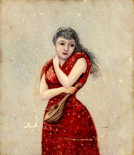 Antique 19C American oil painting: ARTIST: - (American, 19 century) TITLE: Woman with Mandolin MEDIUM: oil on canvas CONDITION: Some scratches/paint losses. Minor craquelure. No visible inpaint under UV light. ART SIZE: 14 x 12