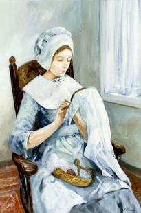 Scott Duncan (US,20C) oil painting: ARTIST: Scott Duncan (American, 20 century) TITLE: Woman Stitching MEDIUM: oil on canvas CONDITION: Few minor paint losses. Some craquelure. No visible inpaint under UV ligh