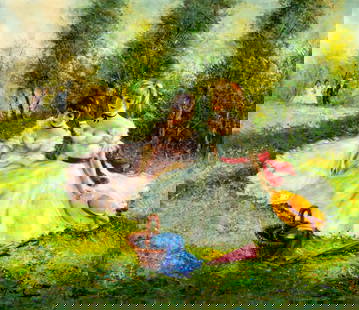 Monfort (Europe,20C) oil painting: ARTIST: Monfort (European, 20 century) TITLE: Ladies at Picnic MEDIUM: oil on canvas CONDITION: Unstretched (In-House stretching available). Some small paint losses. Some cr