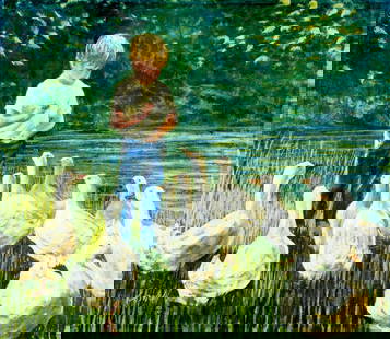 Helen Caswell (CA,1923-2018) oil painting: ARTIST: Helen Rayburn Caswell (California, 1923 - 2018) TITLE: Boy Feeding Geese MEDIUM: oil on canvas CONDITION: Unstretched (In-House stretching available). Overall good. No visible inpaint under